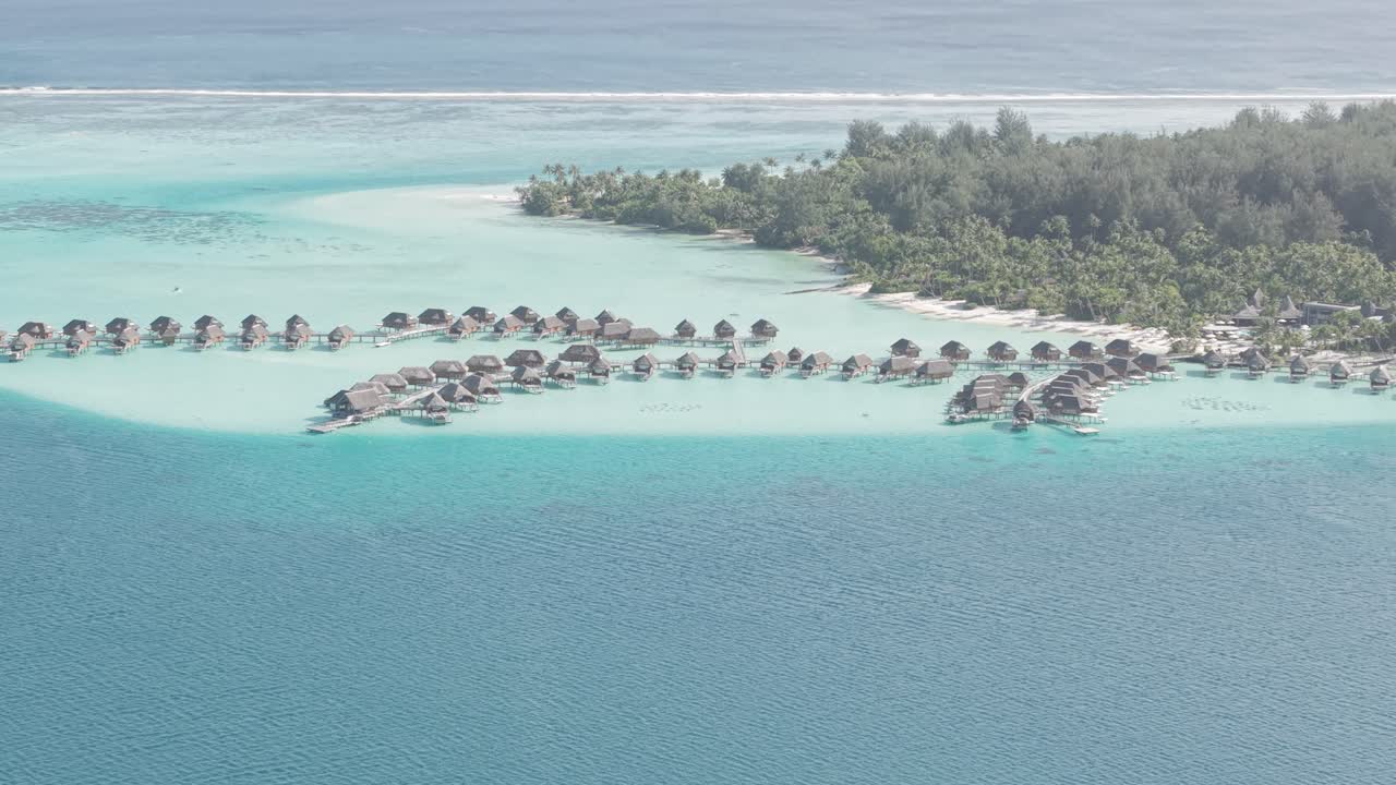 Bora Bora Island, French Polynesia. Drone Shot of Luxury Hotel Resort With Villas Over Water