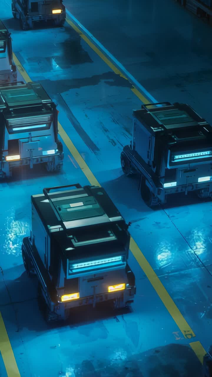 Vertical video: Signal starting cargo convoy moving along aisle, using yellow lane and LED lights