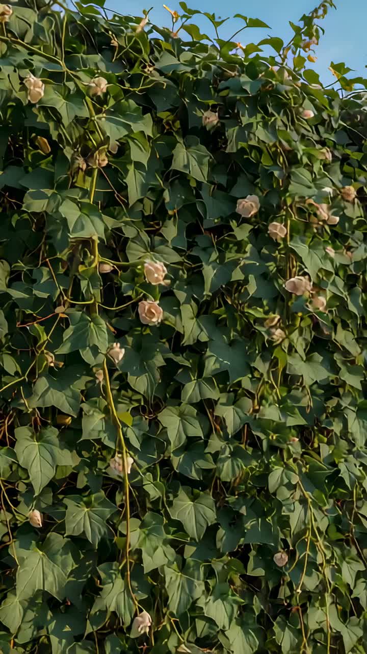 Video verticale: Ondeggiante nella brezza, una fitta vite che copre una recinzione, mostrando foglie a forma di cuore e fioriture pallide.