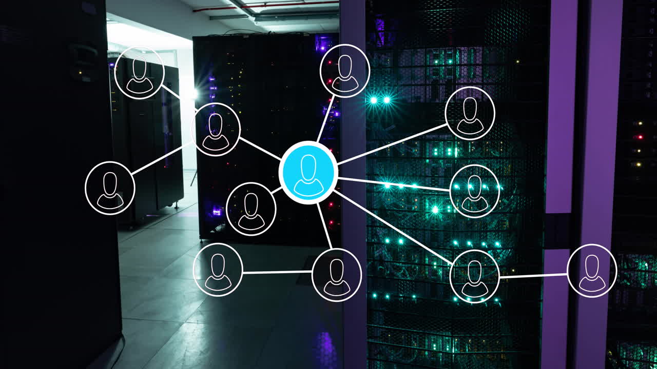 Network of people icons and data processing over glowing computer servers in server room