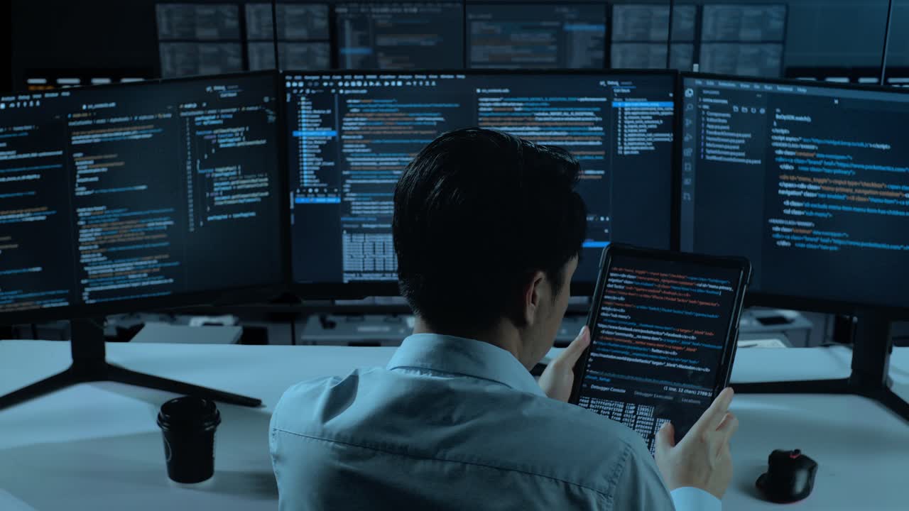 programador trabajando tarde en la noche en múltiples monitores