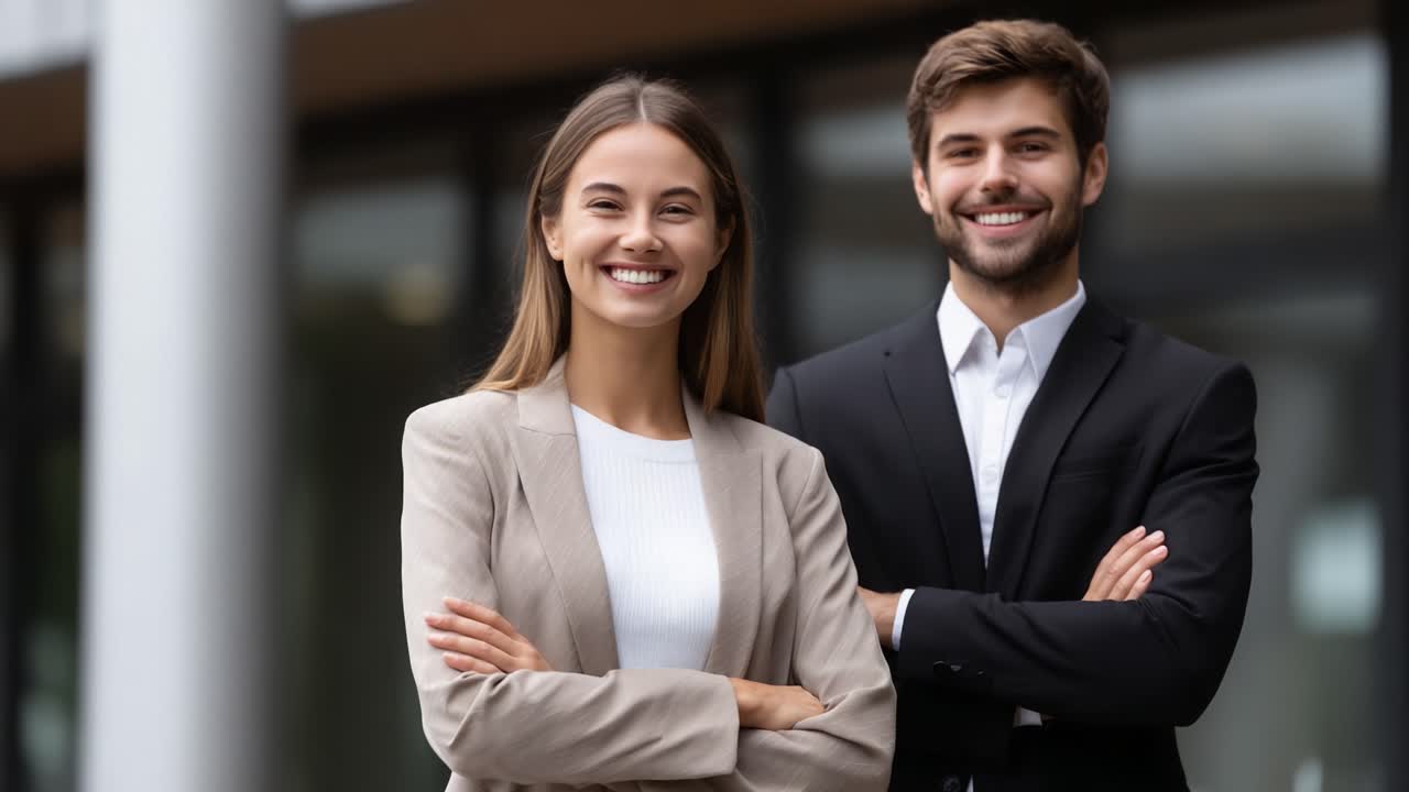 Professional Business Duo Standing Confidently Together in a Modern Urban Setting, Exuding Positivity and Readiness for New Opportunities