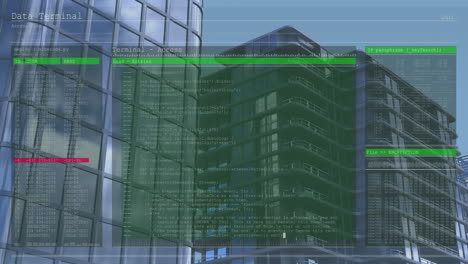 Animation-Von-Computersprache-Und-Computerschnittstelle-über-Modernen-Gebäuden-Vor-Dem-Himmel