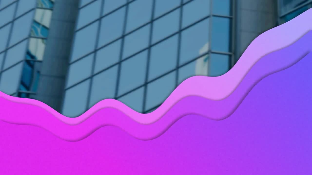 animación de la ola púrpura moviéndose sobre un moderno edificio de oficinas