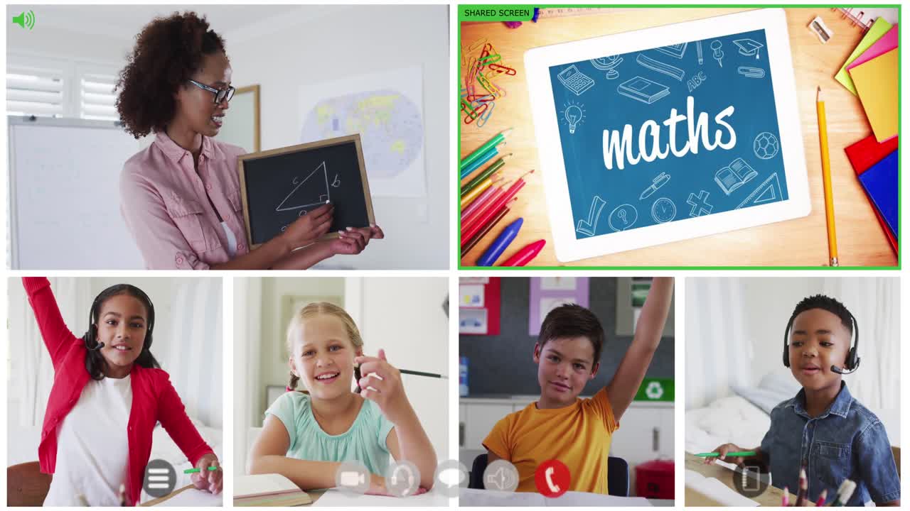 Animation of six screens of diverse children, teacher and maths text during online school lesson