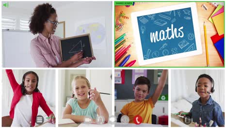 animation of six screens of diverse children, teacher and maths text during online school lesson