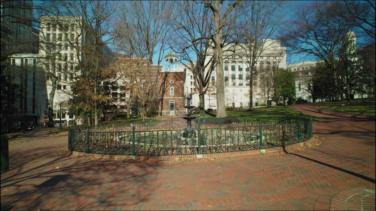 Gimbal Shot of a fountain outside of the State Capitol in Richmond, Virginia