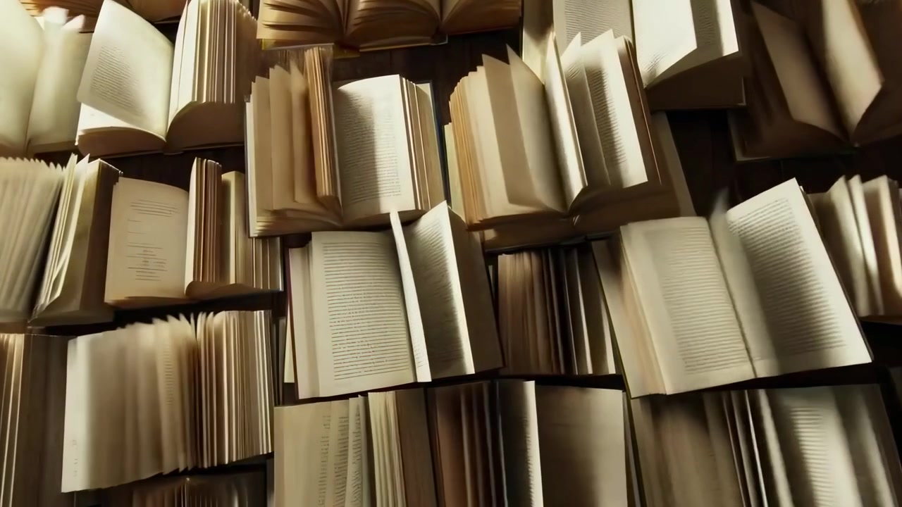 Vecchi libri con pagine che svolazzano in una biblioteca misteriosa