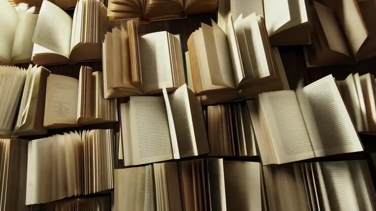 Vecchi libri con pagine che svolazzano in una biblioteca misteriosa