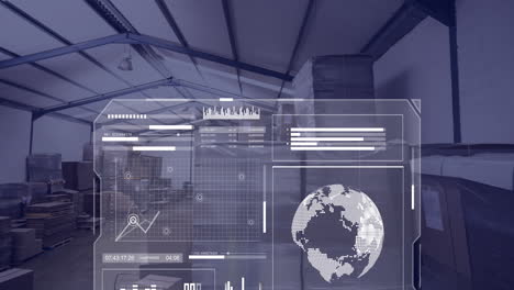 Animation-of-globes,-graphs,-loading-circles-and-bars-over-warehouse