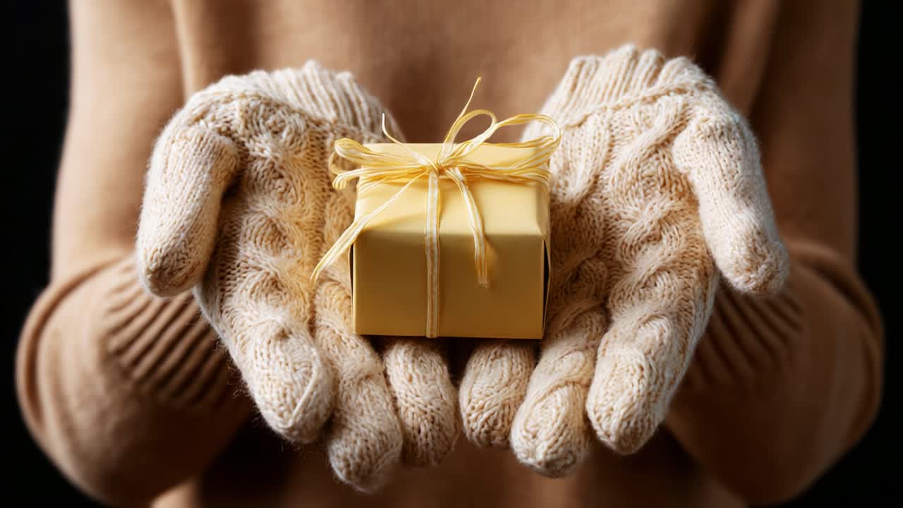 A Cozy Moment of Gift-Giving: A Warm Pair of Knitted Gloves Cradles a Beautifully Wrapped Yellow Present with a Delicate Ribbon, Perfect for Any Occasion