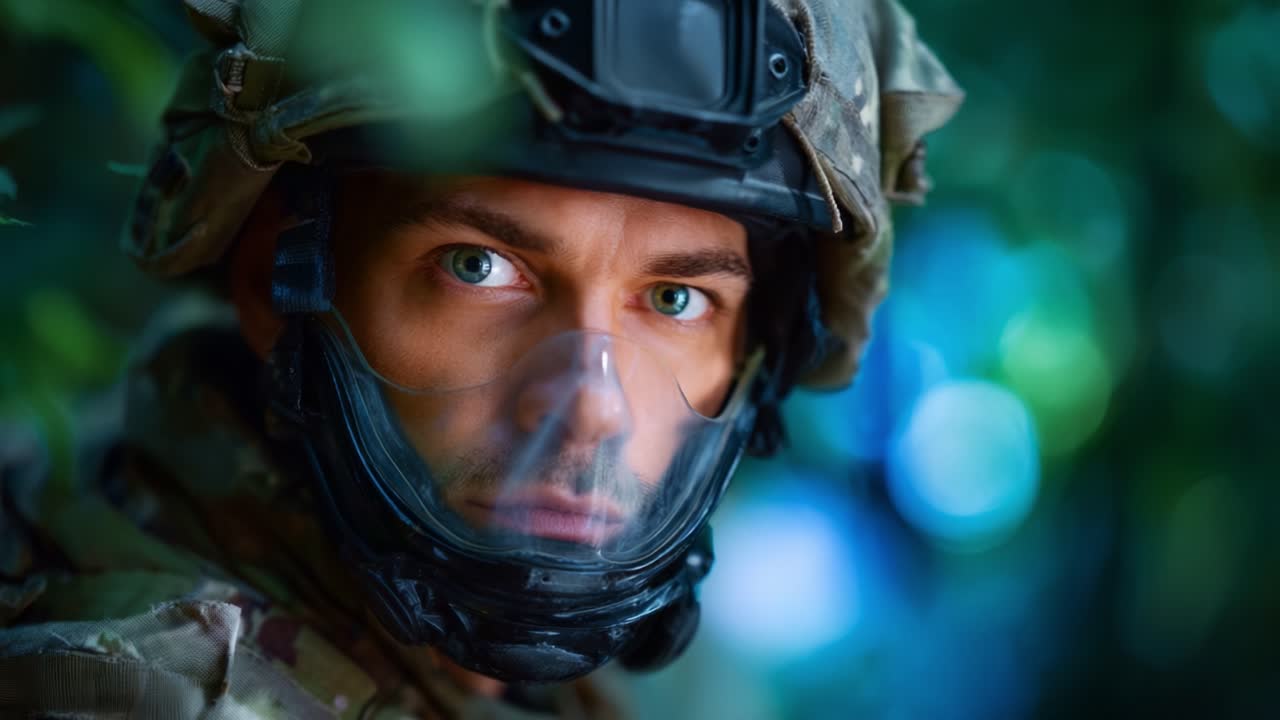 Un soldato concentrato in tenuta tattica, che mostra determinazione e preparazione in un vivace scenario forestale, evidenziando emozioni intense e professionalità militare