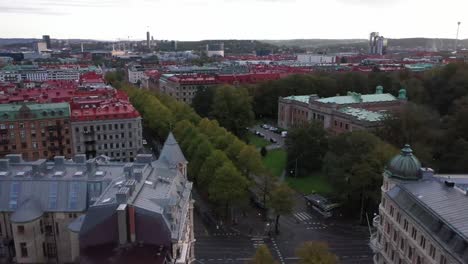 vasagatan in gothenburg, sweden from above with drone flying by