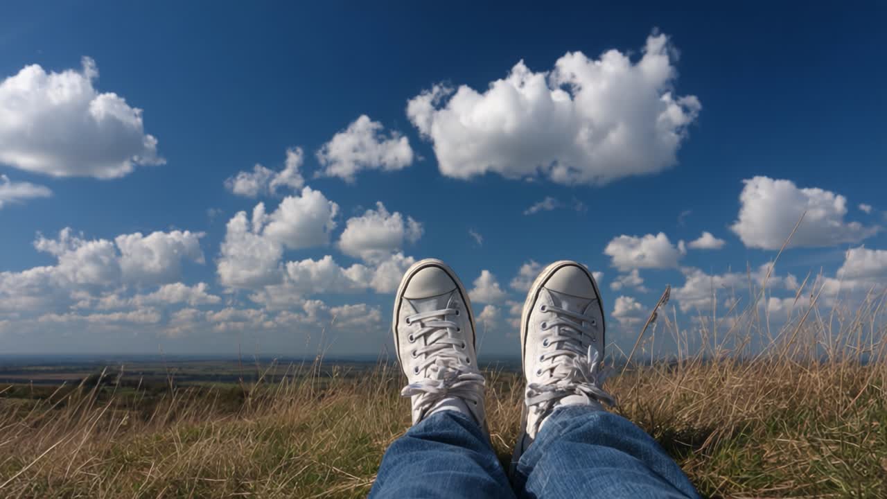 Relaxing in Nature: A Perspective of Comfort and Serenity as White Sneakers Rest on Grass Beneath a Vibrant Sky Filled with Fluffy Clouds