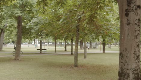 Seitliche-Kamerafahrt-über-Einen-Park-Mit-Radfahrer