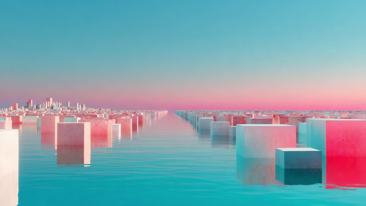 Surreal Landscape Featuring a Vast Body of Water with Reflections of Pink and Blue Sky Color Palette, Interspersed with Geometric White Cubes, Creating a Dreamlike Urban-Horizon View