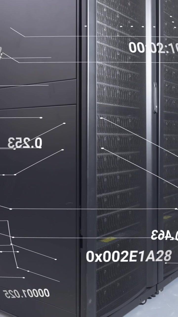 Animation of network of connections and data processing against computer server room