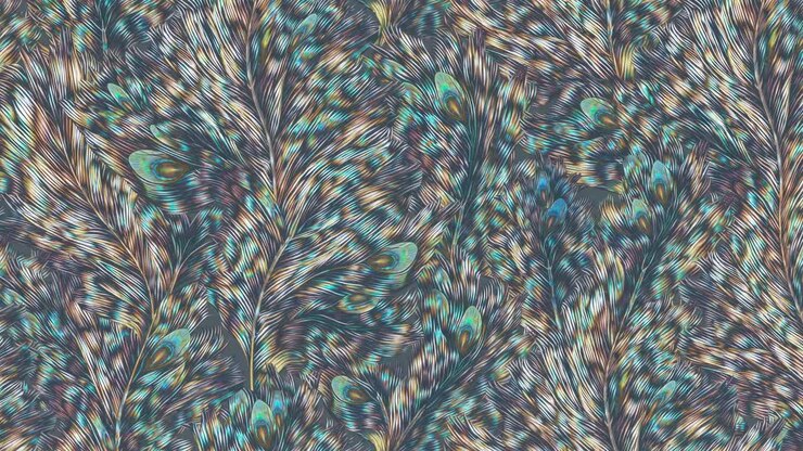 Abstract feather pattern with swirling colors, resembling peacock feathers