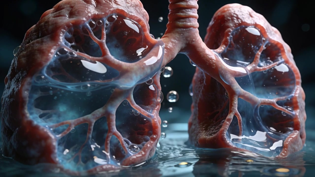 Gocciolina che si forma sopra una piscina e inizia a cadere, polmoni e trachea che rilasciano goccioline in studio.