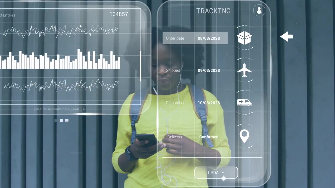 Woman tapping phone and scrolling, causing delivery map, tracking, calendar, graphs updating order