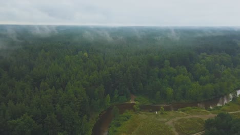 Pareja-De-Recién-Casados-En-La-Orilla-Del-Río-Cerca-De-La-Vista-Panorámica-Del-Bosque