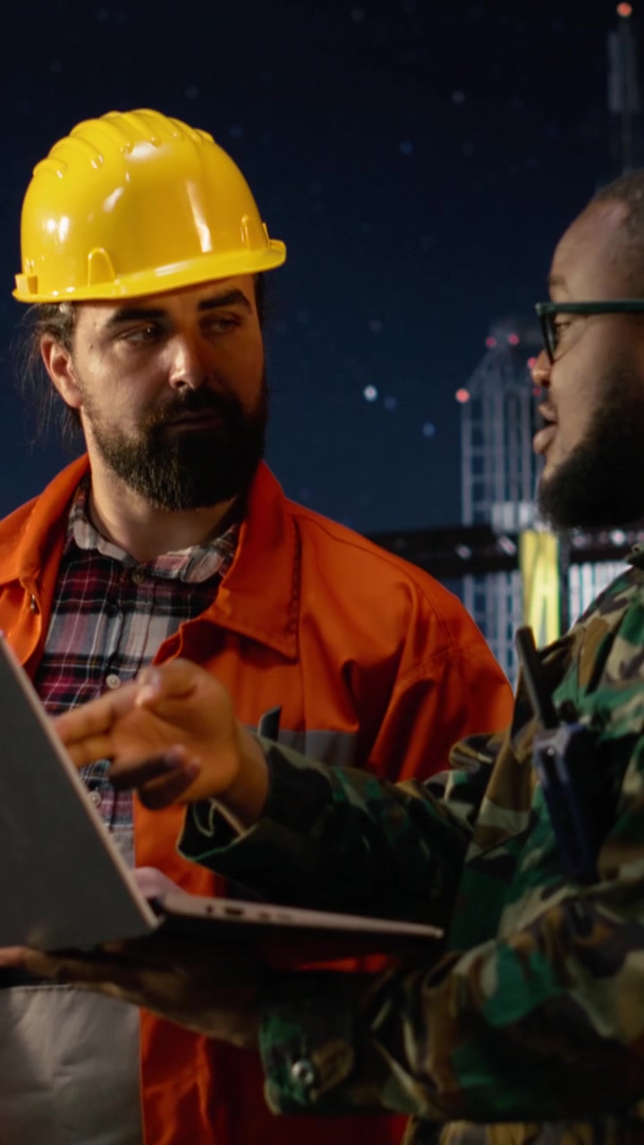 Vertical video Drilling barge manager and army soldier dealing with oil crisis logistics