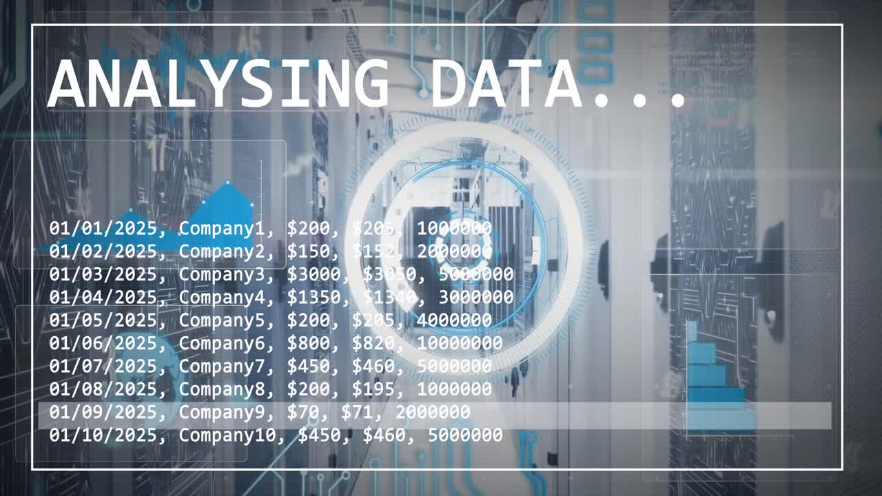 데이터 처리 및 컴퓨터 서버 방에 대해 떠다니는 숫자와 인터페이스의 애니메이션