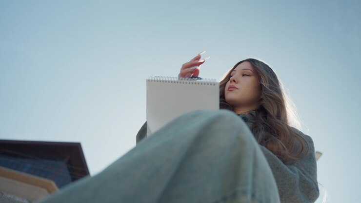 Hermosa poeta asiática leyendo un cuaderno en un saliente de hormigón, composición de ángulo bajo con las rodillas en primer plano, suave halo de sol detrás del cabello, ambiente tranquilo y reflexivo, telón de fondo urbano y abrigo casual.