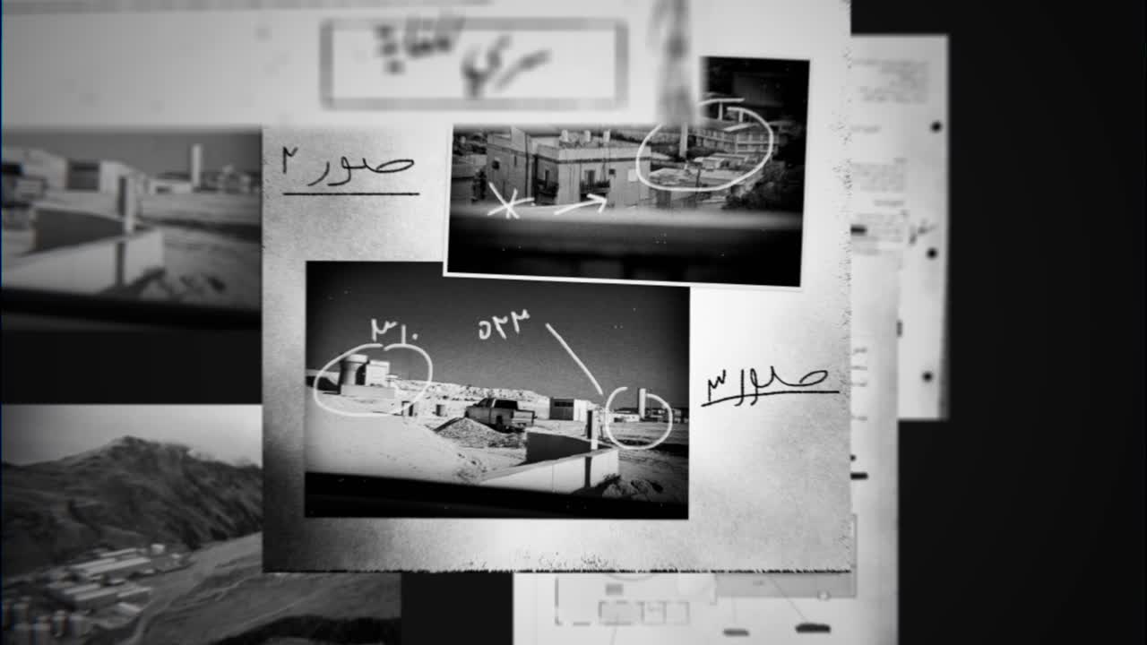 Classified military looking top secret documents and photos in Arabic language float on black background. Exposed or leaked government surveillance report style files of military espionage activity