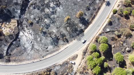 Toma-Aérea-De-La-Carretera-Y-La-Conducción-De-Automóviles-Entre-Un-Bosque-Quemado