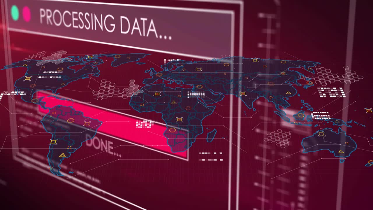 On startup digital interface fading in, updating progress bar, revealing world map with nodes