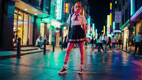 a stylish girl in a school uniform in a neon-lit city street