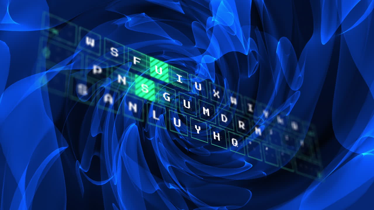 Animation of abstract pattern moving on keyboard over spiral pattern on black background