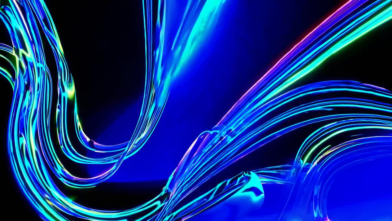 Abstract video art with neon light trails in a swirling pattern