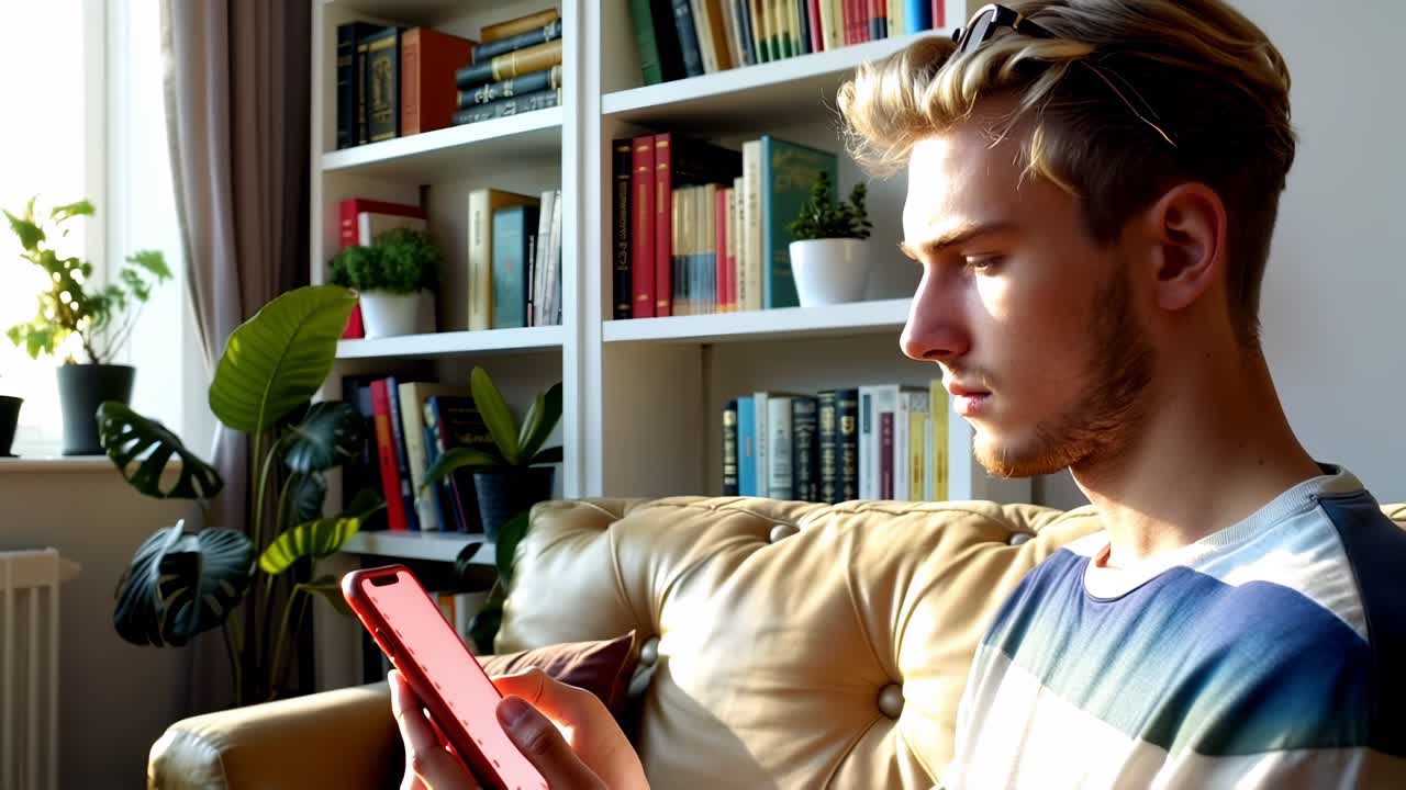 Young blond guy using his cell phone sitting in the living room.