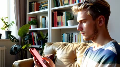 young blond guy using his cell phone sitting in the living room.