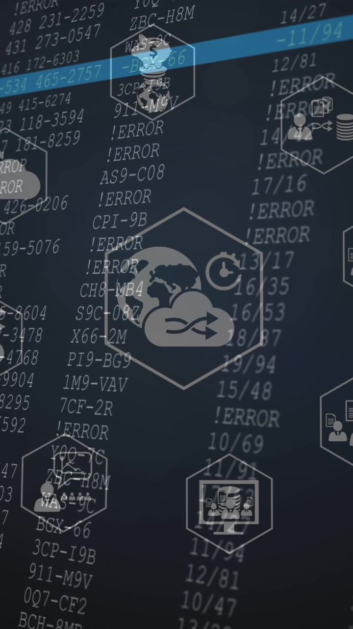 Animation of icons over data processing on black background