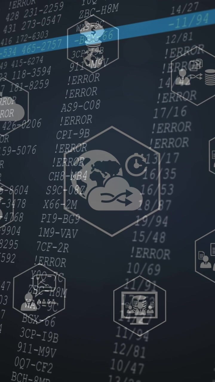 Animation of icons over data processing on black background