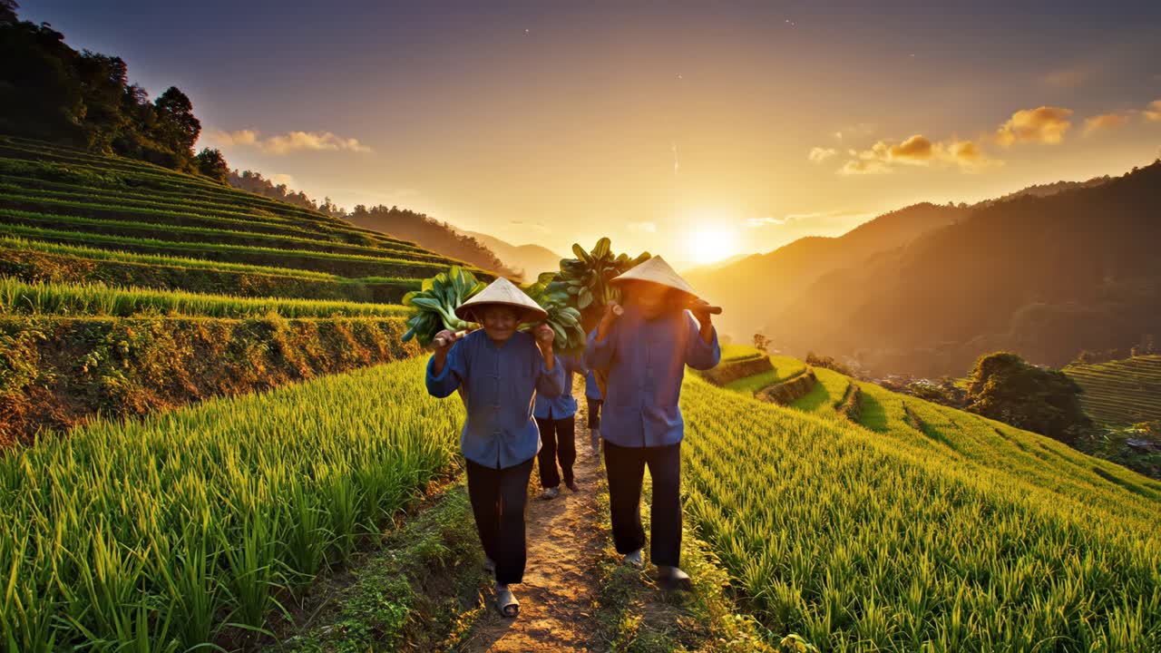 Farmers Harvesting Crops in Rice Terraces