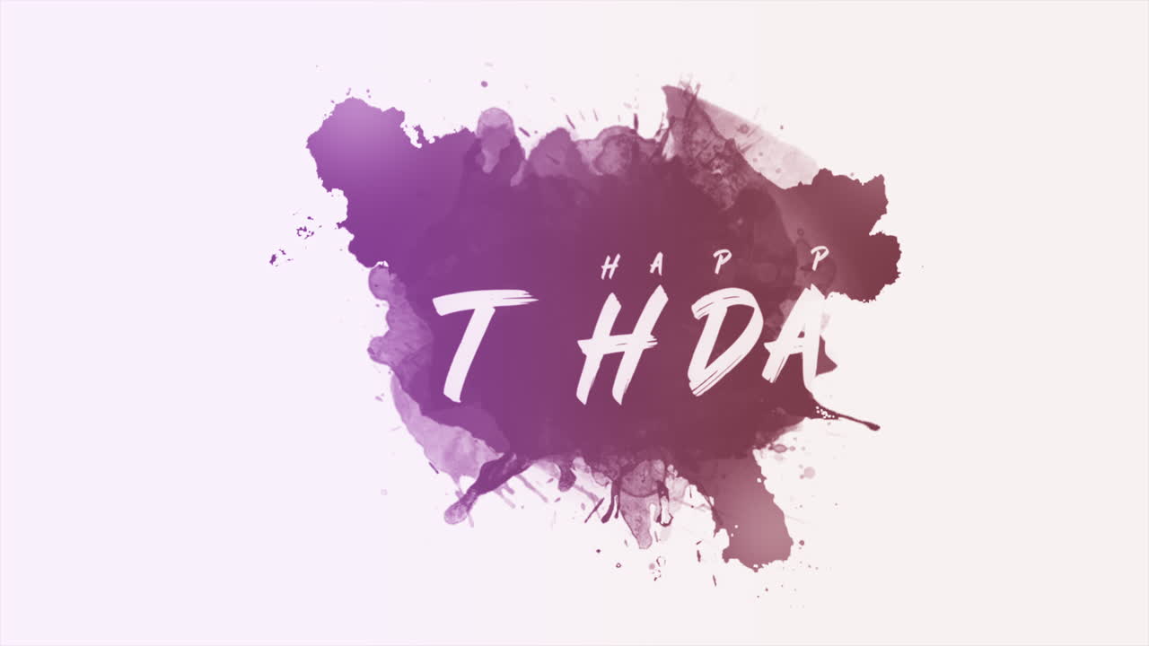 texto de introducción de animación feliz cumpleaños sobre fondo blanco hipster y grunge con pincel morado