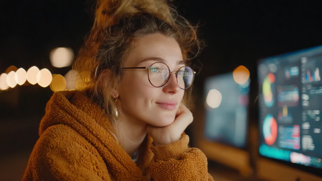 Una giovane donna con i capelli ricci e gli occhiali, immersa nei suoi pensieri, osserva gli schermi luminosi del suo spazio di lavoro notturno basato sui dati, riflettendo su intuizioni e idee
