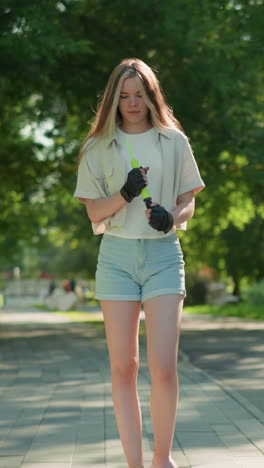 una joven se pasea por un parque soleado, examinando cuidadosamente la bomba de aire verde en las manos, la luz del sol se refleja en ella mientras camina, con figuras borrosas en la distancia y árboles exuberantes