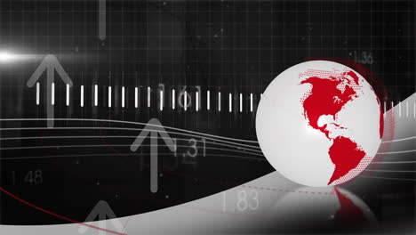 Animación-De-Datos-Financieros-En-Aumento-Sobre-Un-Globo-Con-Continentes-Rojos-Y-Fondo-De-Cuadrícula