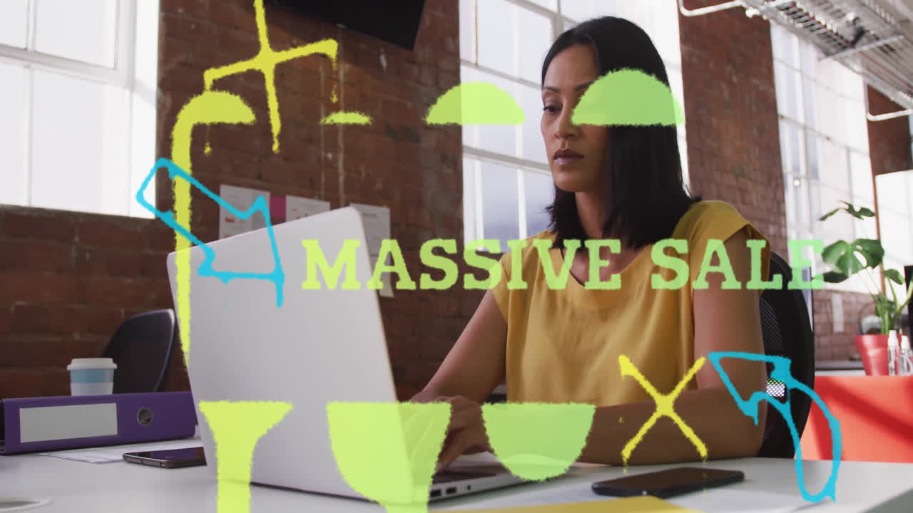 woman typing on laptop in business office, featuring MASSIVE SALE graphics and smartphone icons