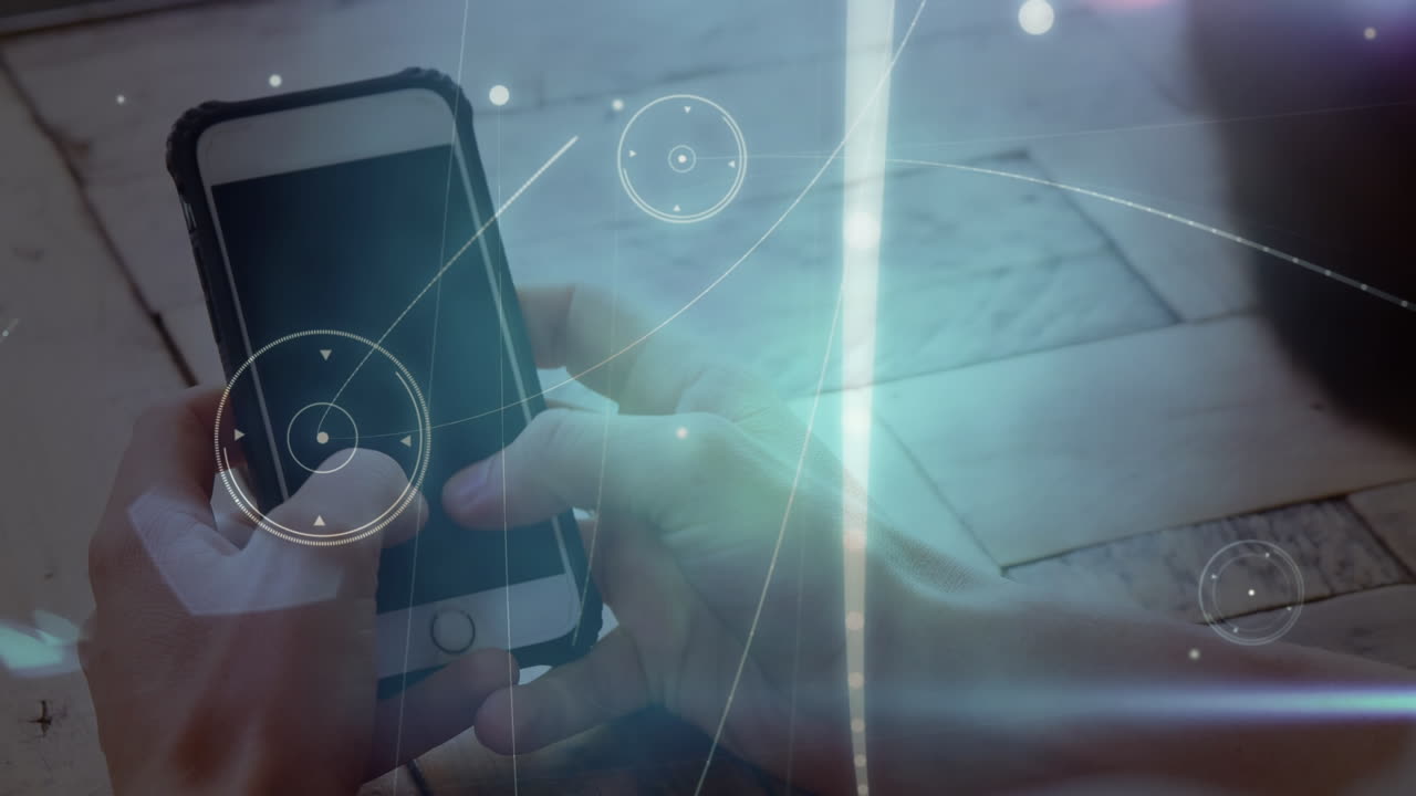 스마트 폰을 사용하는 남성들에 대한 연결 네트워크의 애니메이션