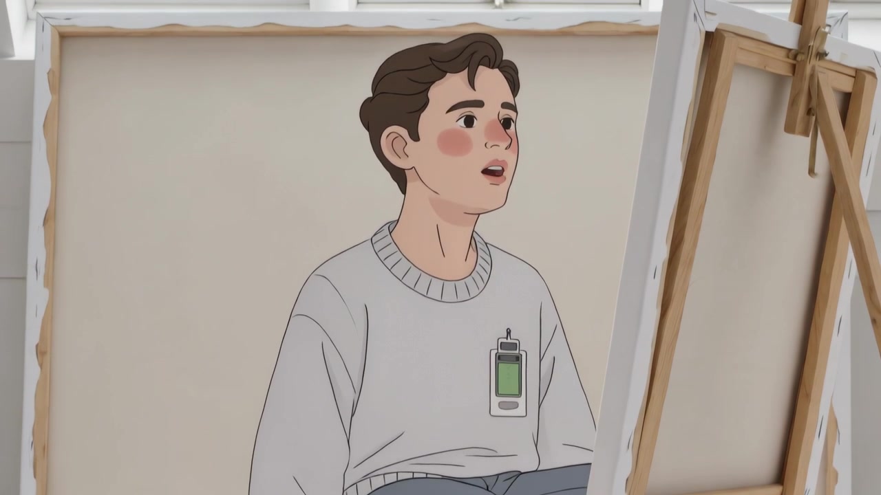Adolescente de suéter em plano panorâmico, posando para artista, ofegando, se acomodando em estúdio com cavalete e tinta rosa derramada.