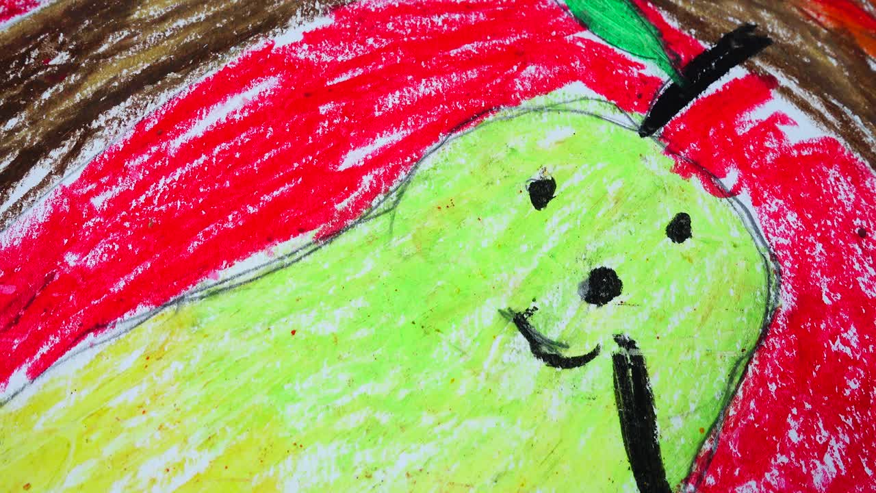 Drawing of cheerful pears. Shooting of the drawing