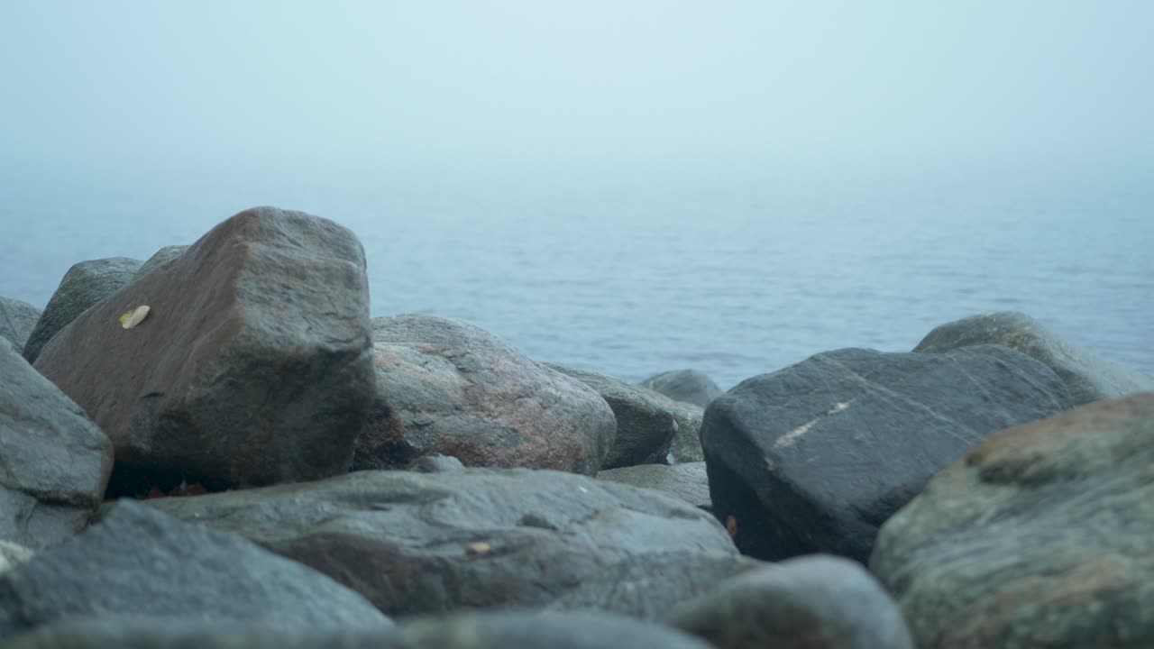 흐린 안개가 자욱한 날 발트해의 해안 방벽 바위 - 미디엄 샷