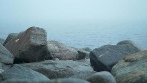 coastal barrier sea wall rocks on the baltic sea under an overcast foggy moody day - push in medium shot