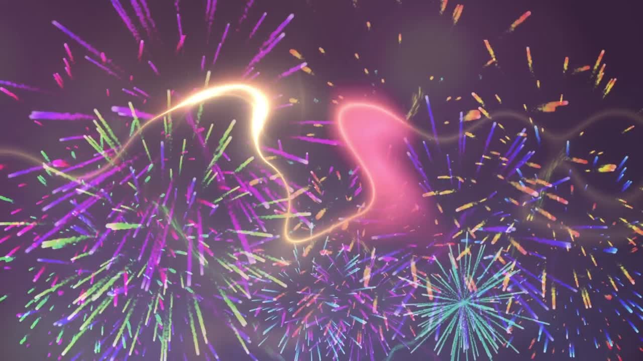 보라색 배경에서 폭발하는 불꽃놀이 위로 움직이는 빛의 흔적의 디지털 애니메이션